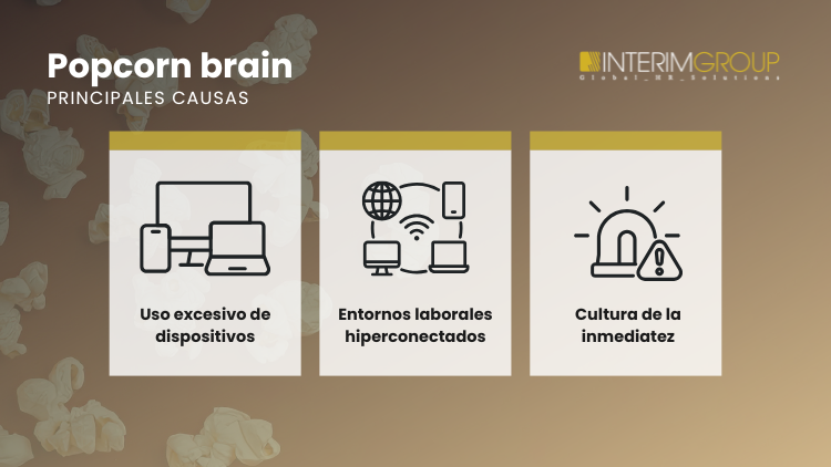 Popcorn-brain-causas-INTERIM-GROUP Imagen destacada sobre las causas del popcorn brain para el artículo del blog por INTERIM GROUP